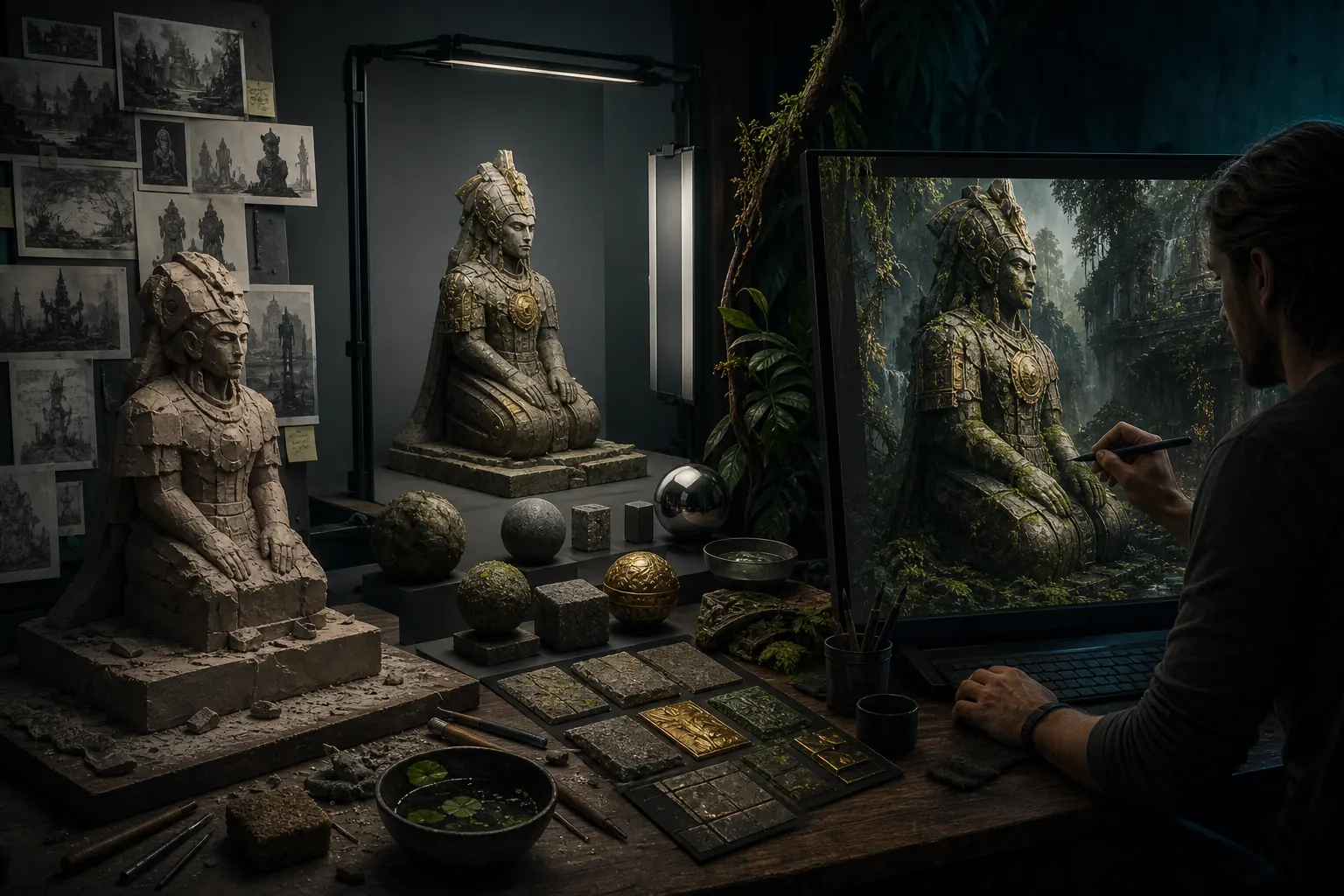 Editorial illustration of a human game artist refining an ancient statue and jungle environment after AI-assisted visual exploration