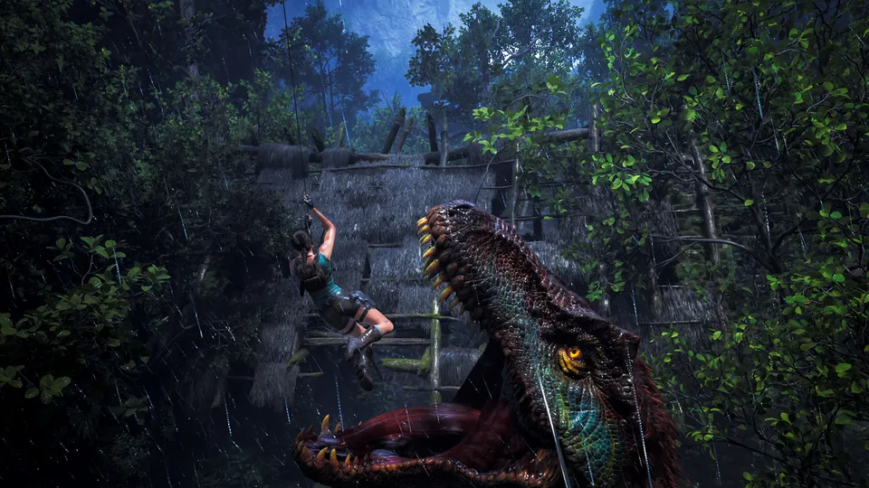 Cena promocional de Tomb Raider: Legacy of Atlantis com Lara Croft e um dinossauro