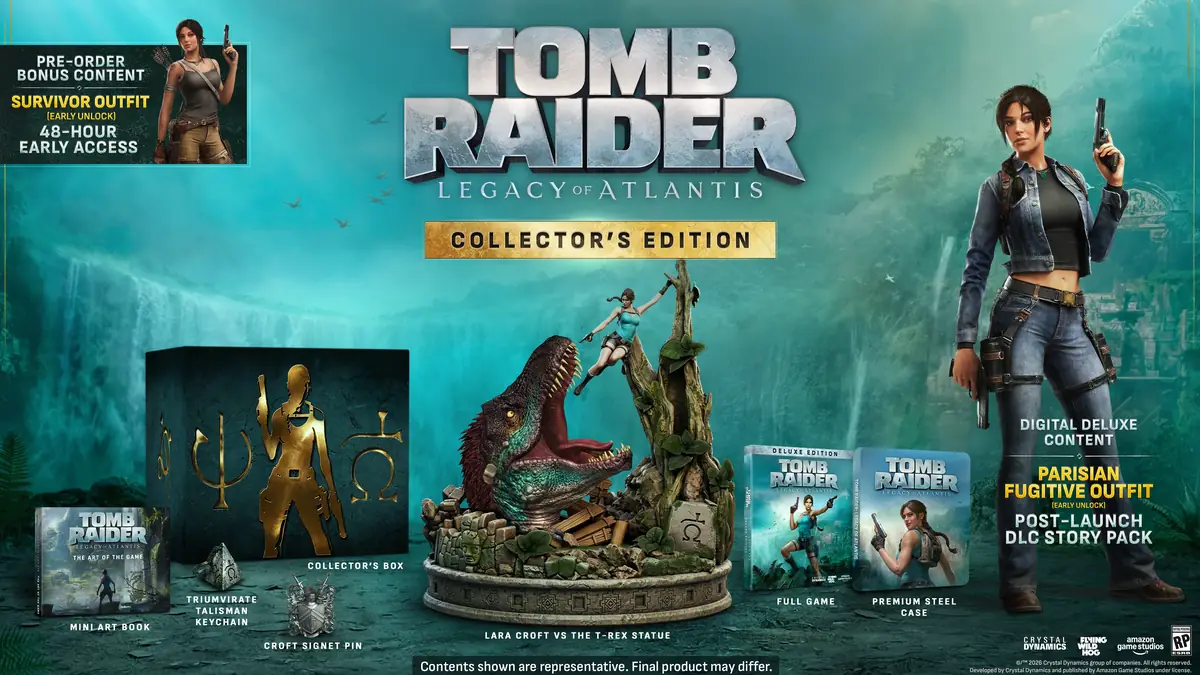 Official Tomb Raider Legacy of Atlantis Collector's Edition artwork showing the statue and physical extras
