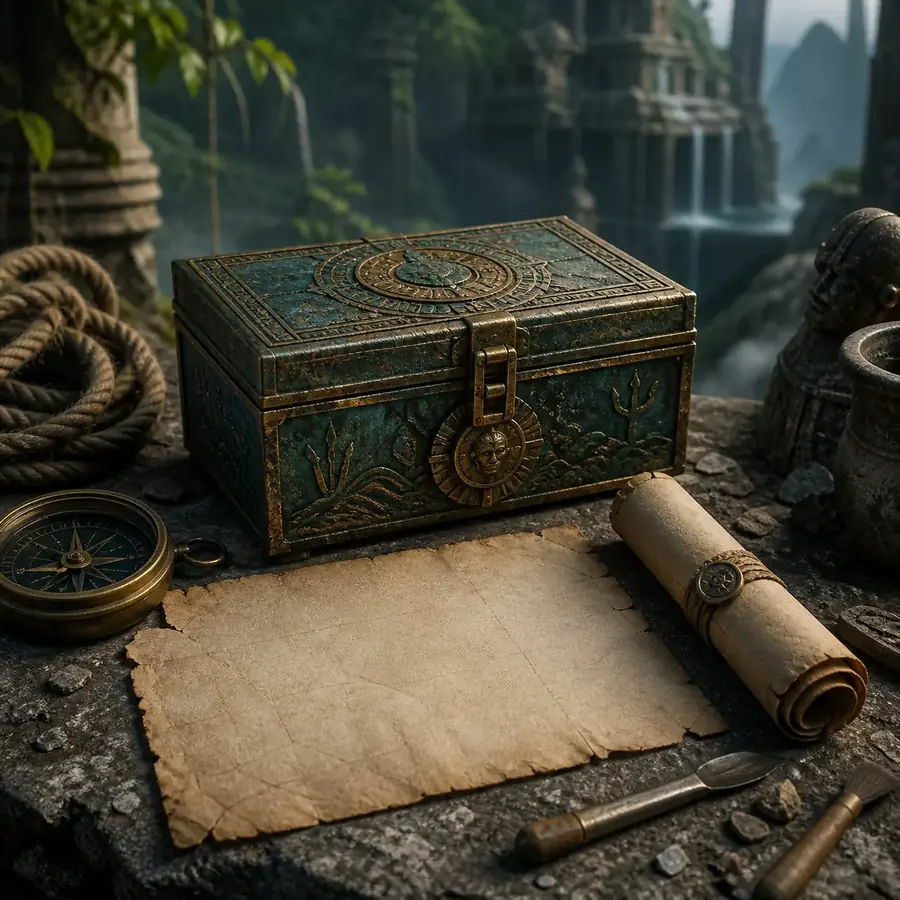 Editorial concept illustration of a sealed Atlantean artifact box beside a blank story roadmap
