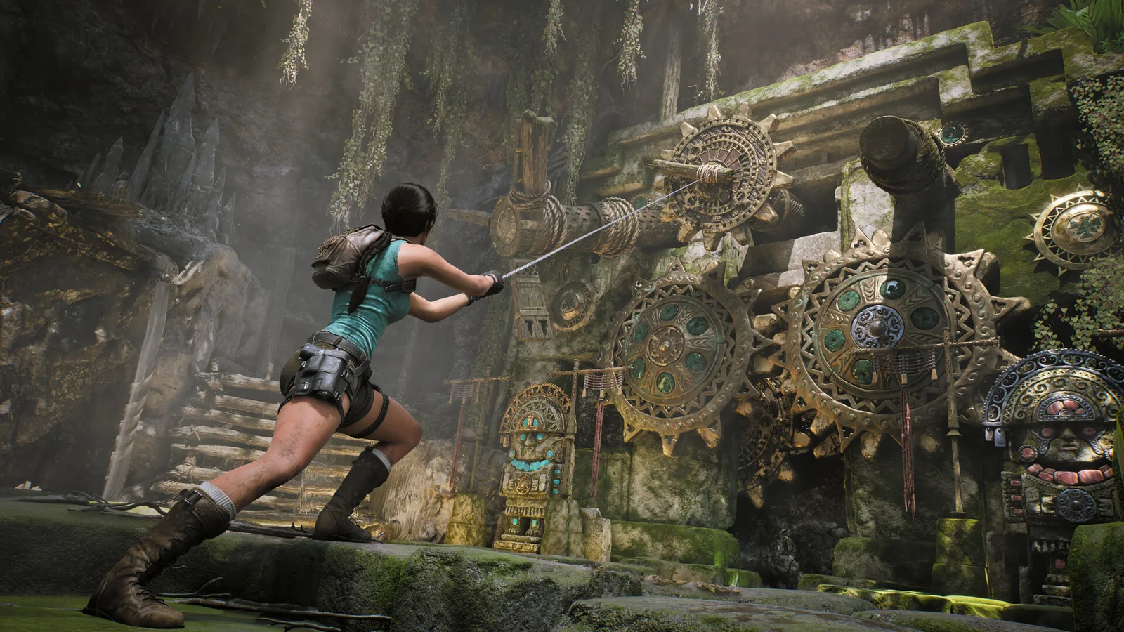 Official Tomb Raider Legacy of Atlantis Steam screenshot showing Lara solving an ancient gear puzzle